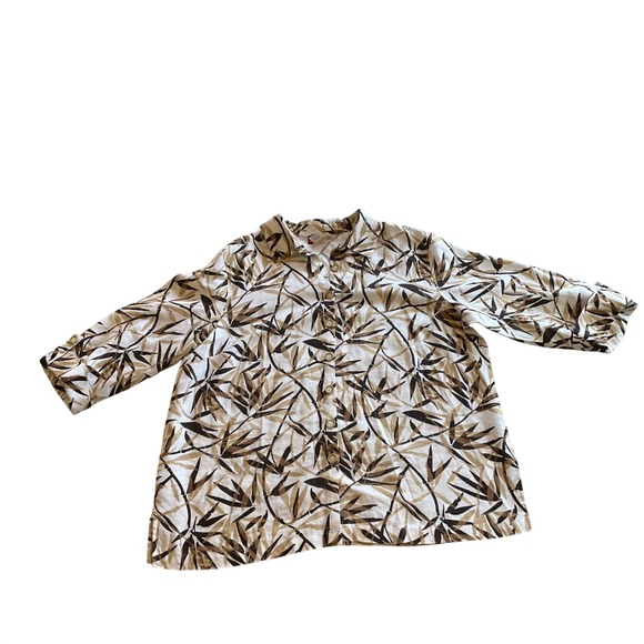 JM Collection Tops - JM Collection Button Down Shirt Women 18W White Brown Linen Bamboo Leaf Print